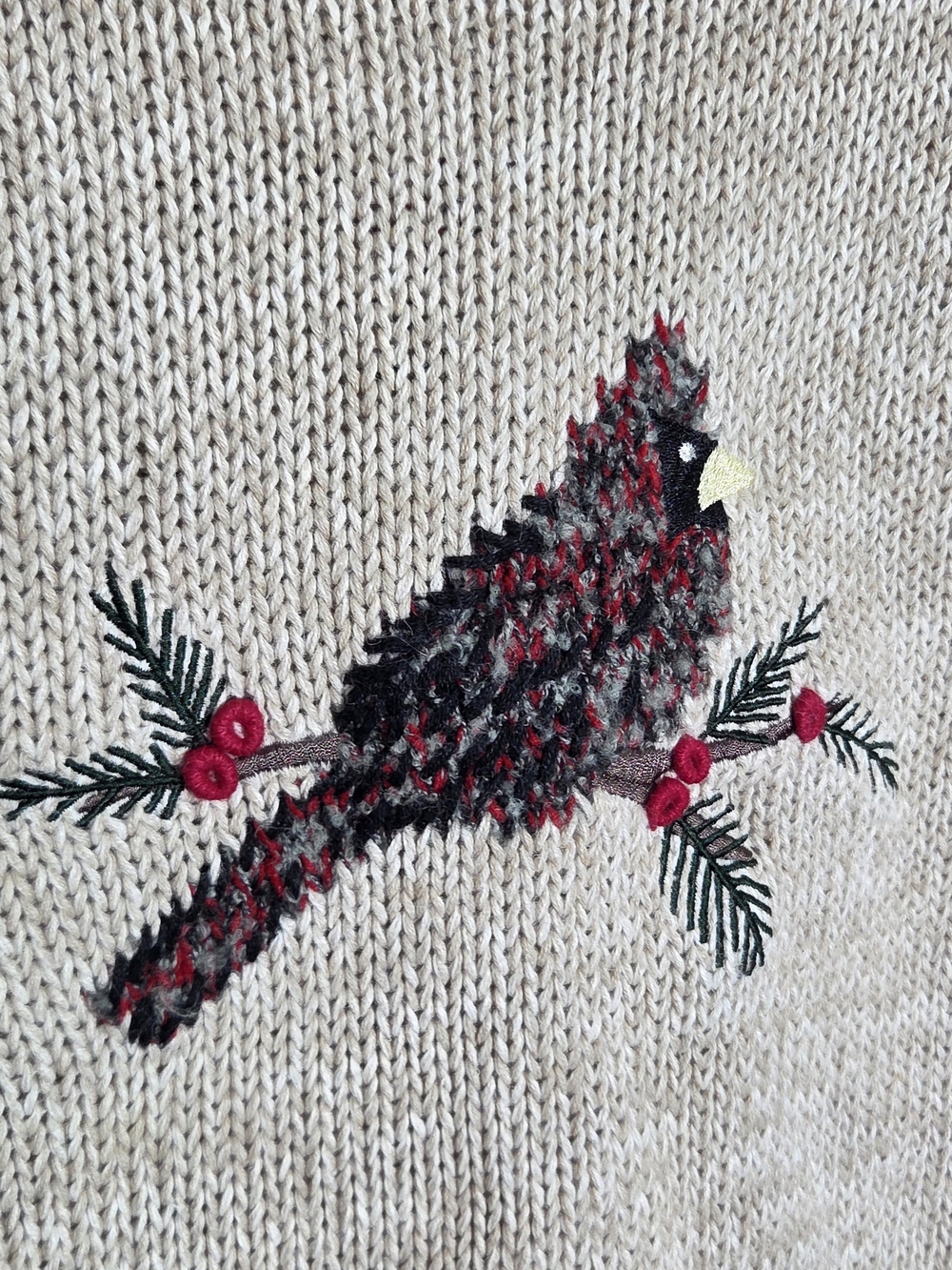 VINTAGE Christopher Banks Sweater Womens Medium Chunky-Knit Cardinal Bird Beige - Picture 4 of 8